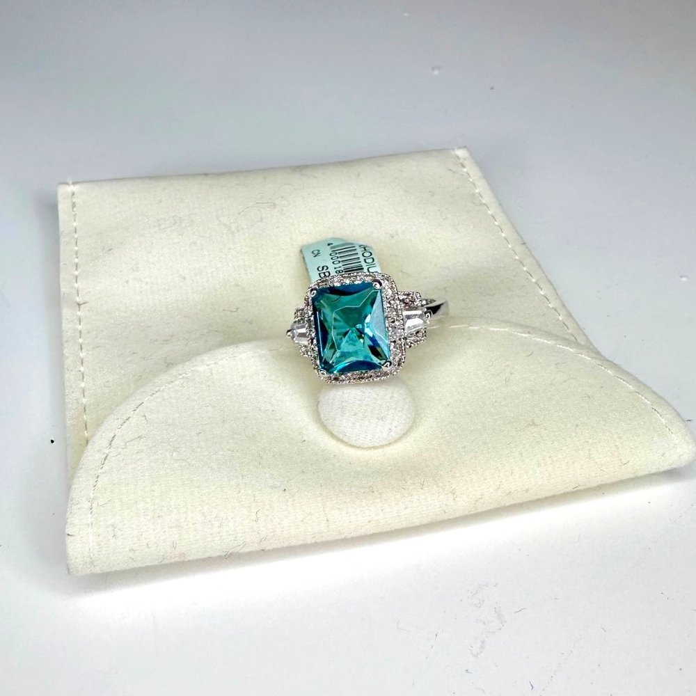 Aquamarine Blue Cushion Rhodium Halo Ring Size 9